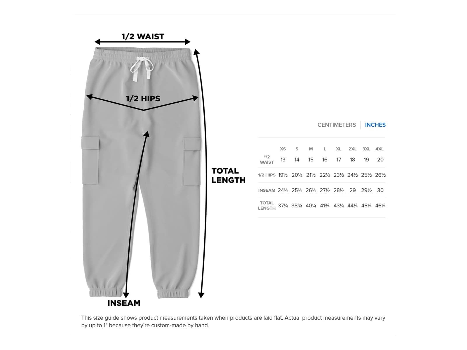 Half waist, Half hips, Inseam, Total length — Scorpion King Cargo Sweatpants in inches
