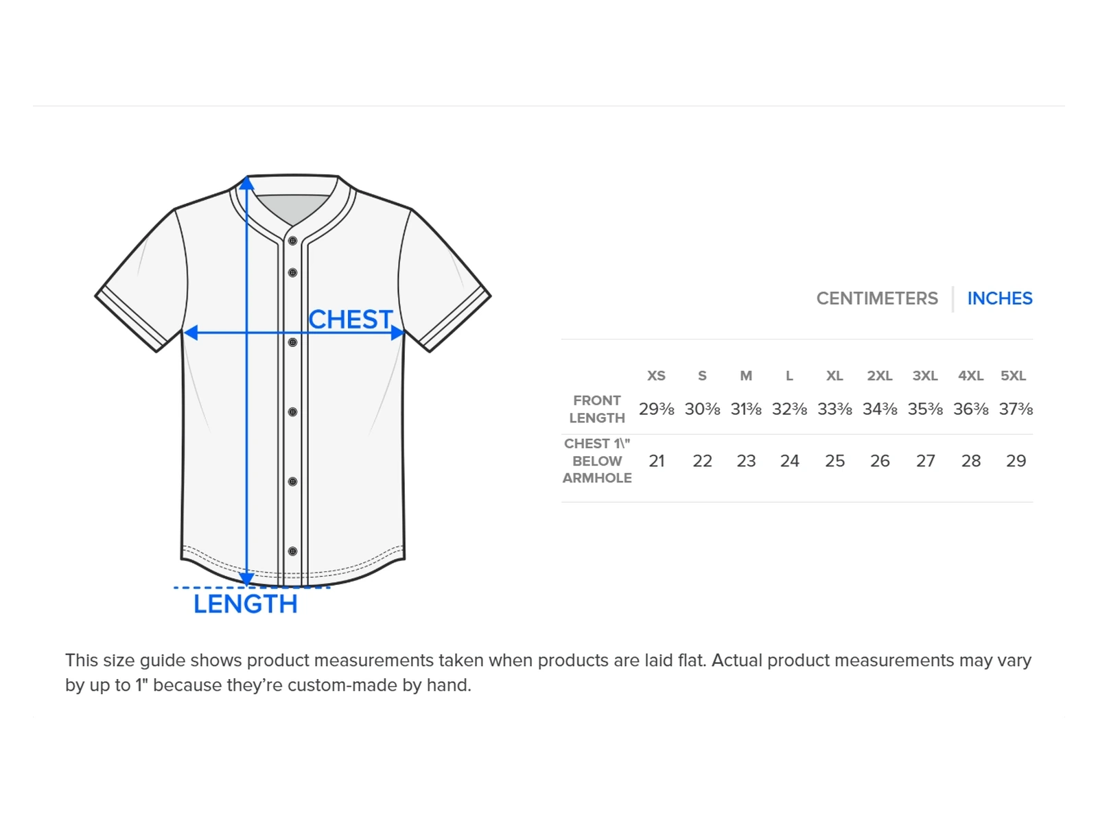 Careless Castle Baseball Jersey size chart — inches