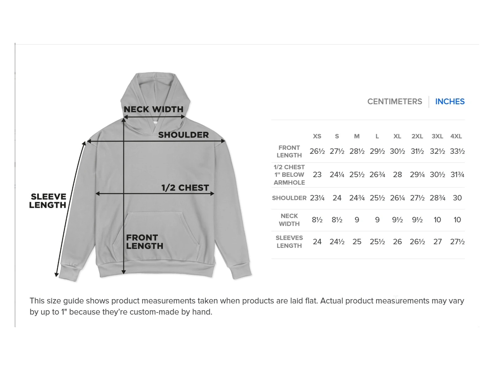 Scorpion King Hoodie size chart — inches